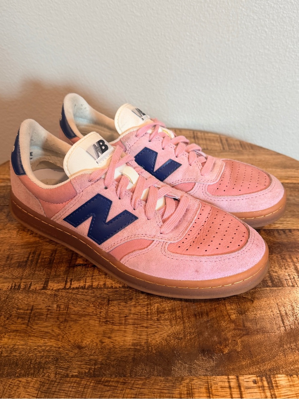 RARE New Balance T500 Factory Sample Suede Court Sneakers Pink Navy Size 9.5W/8M